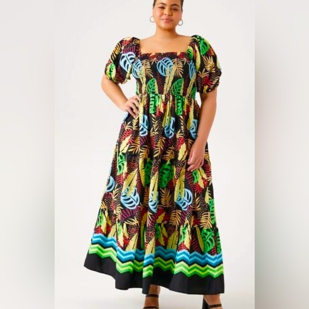 Tropical Multi Color Poplin Smocked Maxi Cruise,Garden Party, Festival, Wedding